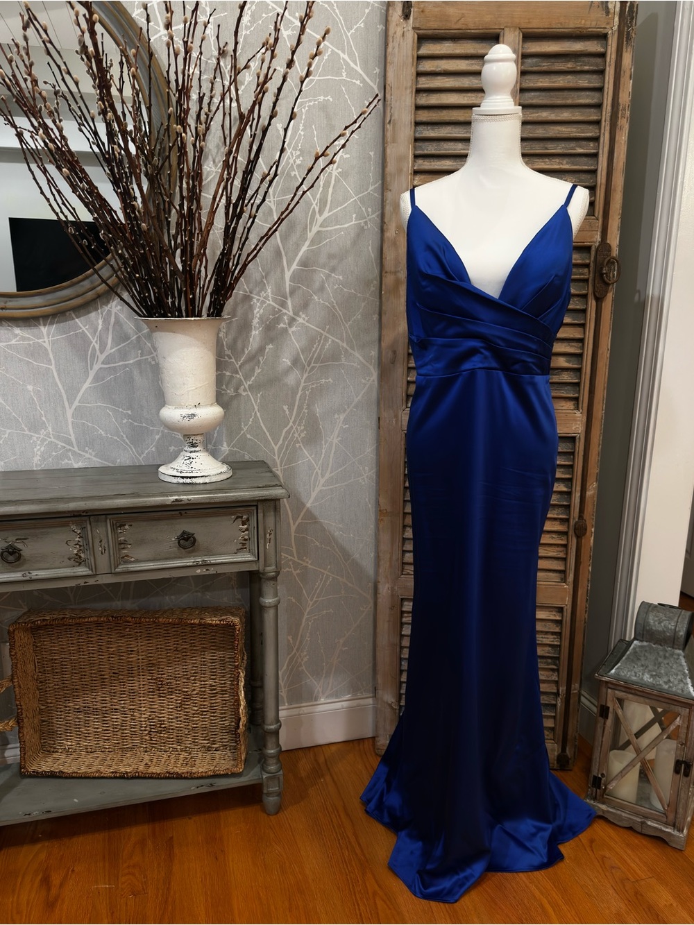 leena for Mac Duggal ‘26264’ Satin Blue Plunging Faux Wrap Gown - 14